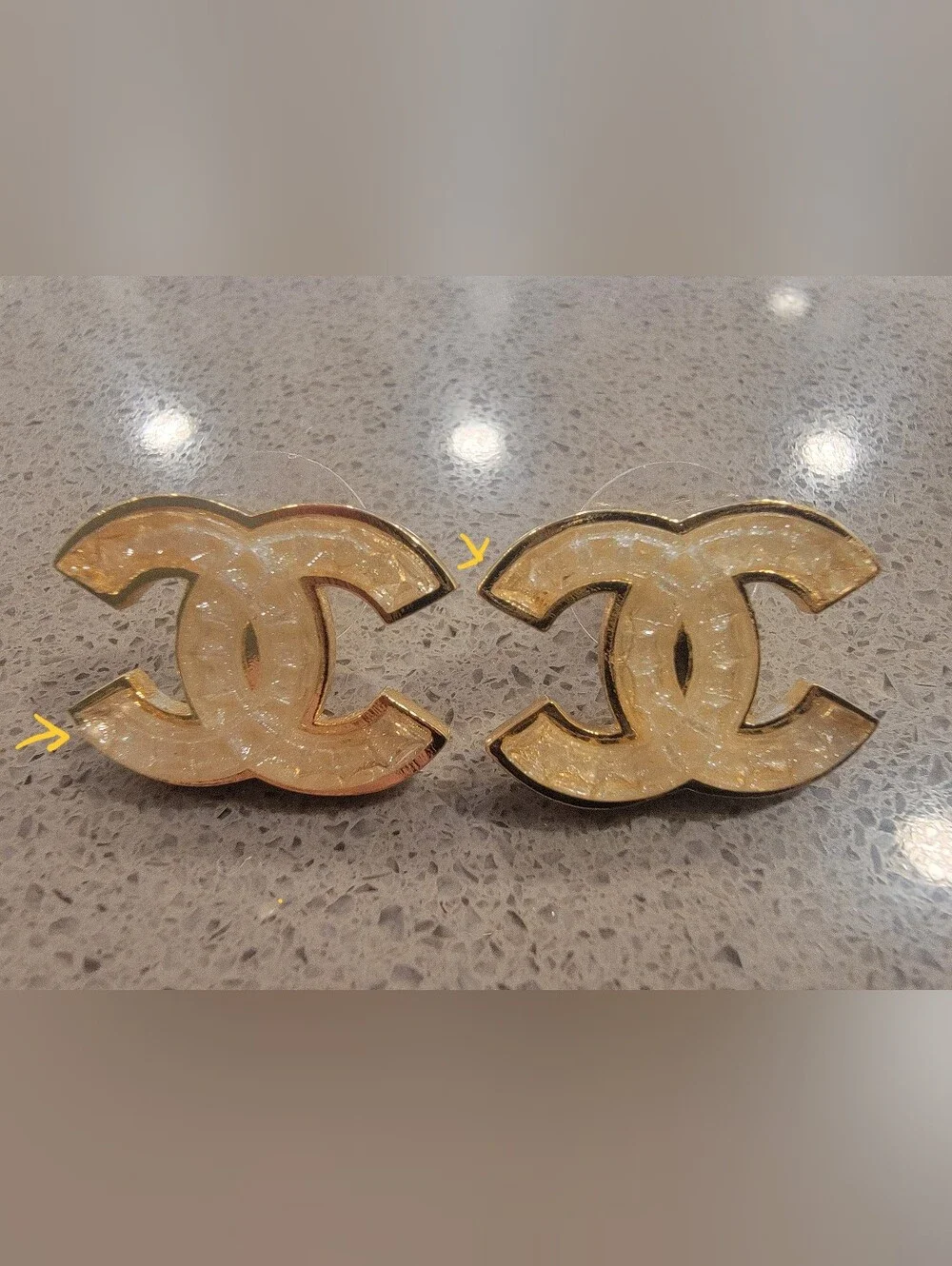 Authentic Chanel 24A Gold Plated Glitter Resin CC Stud Earrings